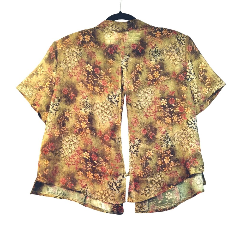 K Studio Blouse Women's 18 Short Sleeve Button Up Open Back Sheer Brown Florals